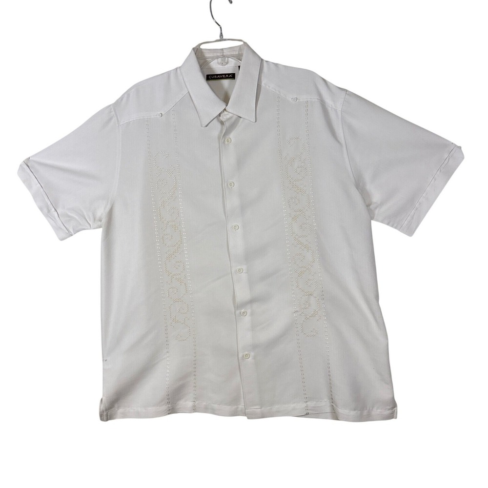 Cubavera Mens XL White Short Sleeve Embroidered Guayabera Button Down Shirt